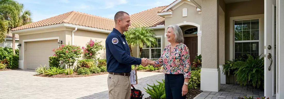 I need a NATE certified technician shaking hands with a florida home owner. Do not include any cars or trucks in the foreground or background.