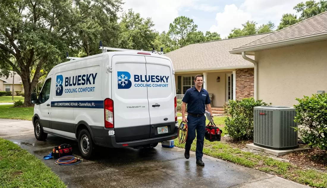Photorealistic urgent Top Rated Air Conditioning Repair response image for Bluesky Cooling Comfort in Dunnellon, FL, technician arriving at a home with professional equipment, no b