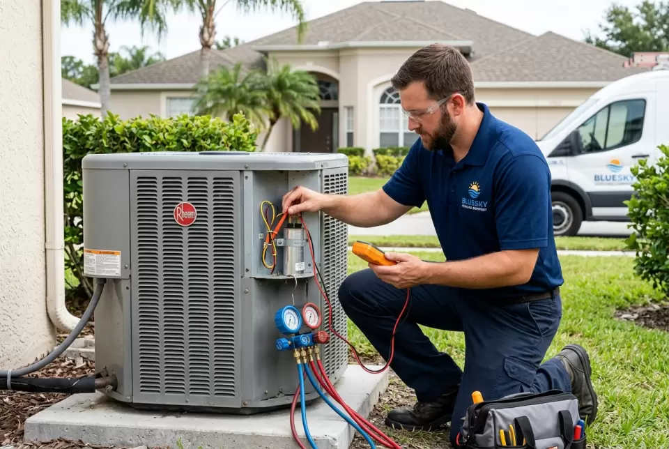 Photorealistic Air Conditioner Maintenance Service service image for Bluesky Cooling Comfort in Dunnellon, FL, branded company style, technician completing the specific service, cl