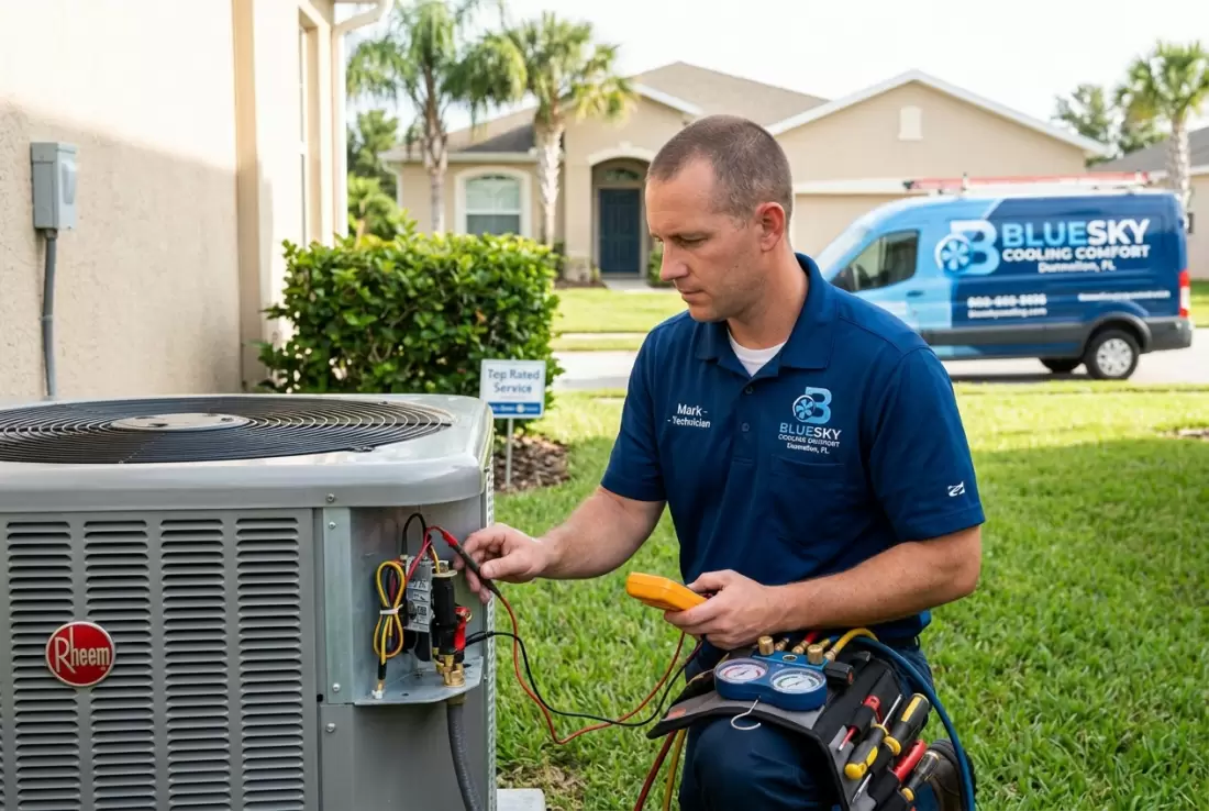 Photorealistic Top Rated Air Conditioning Repair service image for Bluesky Cooling Comfort in Dunnellon, FL, branded company style, technician completing the specific service, clea