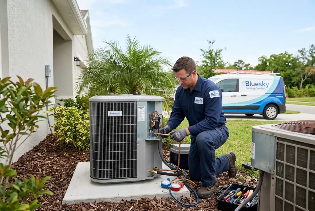 Photorealistic Top Rated Air Conditioning Repair service image for Bluesky Cooling Comfort in Dunnellon, FL, technician performing the actual service, branded home-service style, n