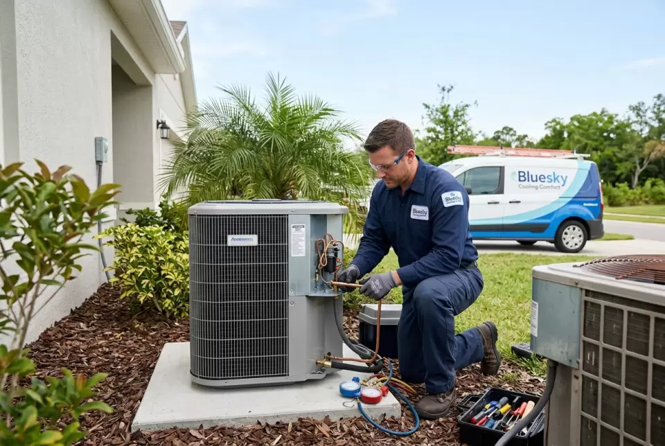 Photorealistic Air Conditioning Installation Replacement Service service image for Bluesky Cooling Comfort in Dunnellon, FL, branded company style, technician completing the specif