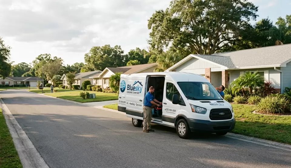 Residential neighborhood near Dunnellon, FL, service vehicle parked curbside, local home-service coverage image for Bluesky Cooling Comfort. Use the connected company branding and