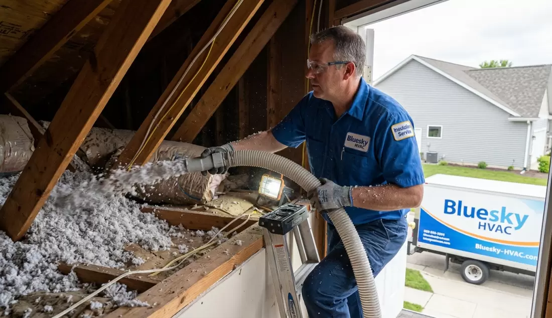 Bluesky hvac technician providing insulation service on home