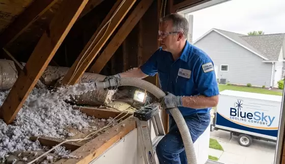 Bluesky hvac technician providing insulation service on home